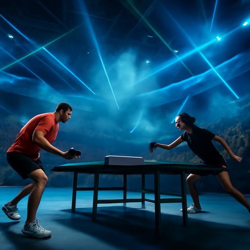 8up table tennis match in bright hall